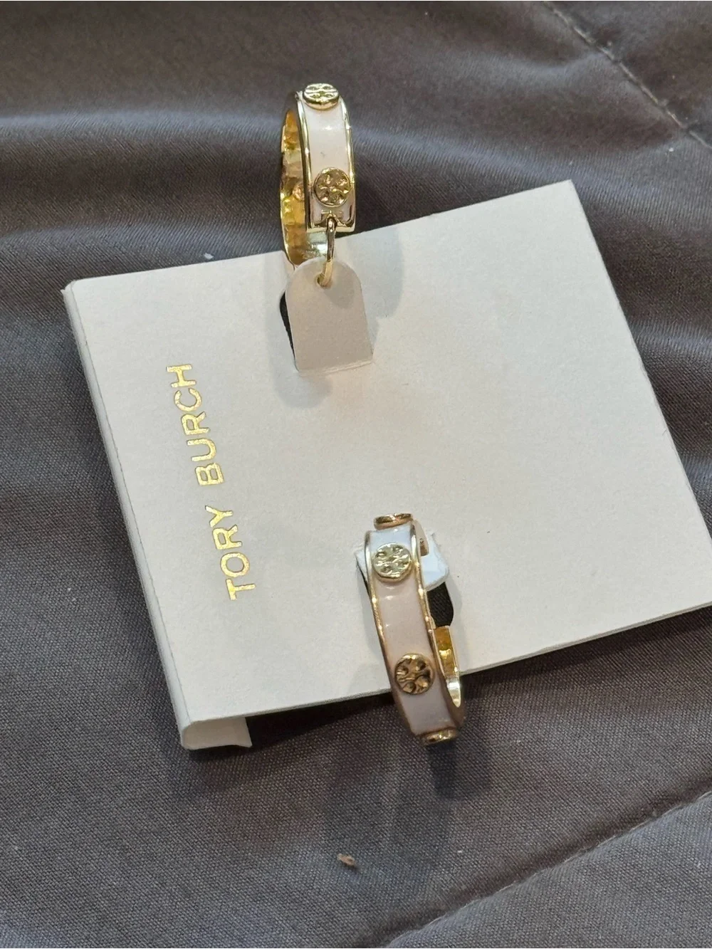 Tory Burch Gold and White Enamel Logo Accent Hoop Earrings